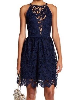 love...ady Navy Floral Lace Halter Mini Dress